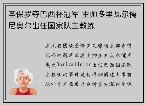 圣保罗夺巴西杯冠军 主帅多里瓦尔儒尼奥尔出任国家队主教练